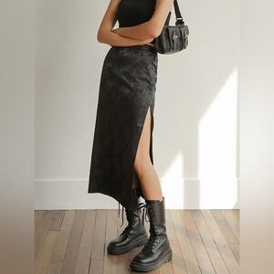 Floral Satin Slit Midi Skirt, Black, Small